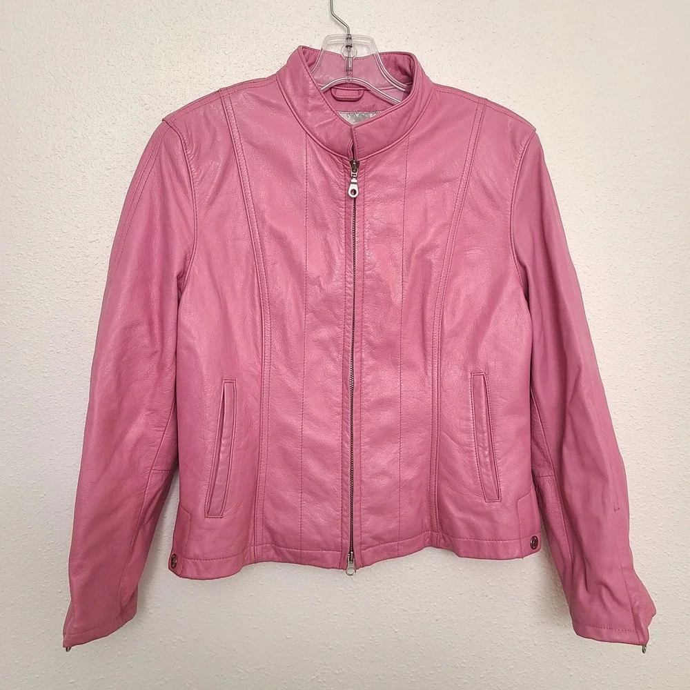 Vintage Wilsons Maxima MEDIUM Pink Leather Moto Jacket Biker Girly Coquette M - Picture 2 of 11